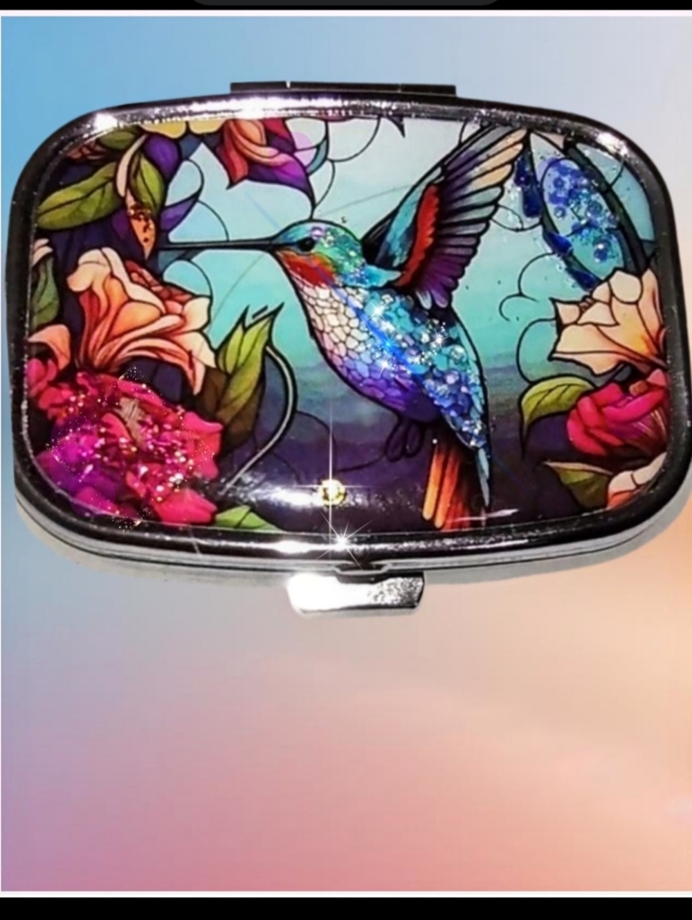 Hummingbird Theme Metal Hinge Pillbox Case